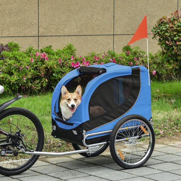 PawHut Remorque Velo pour Chien Animaux avec 8 reflecteurs Drapeau Bleu Noir
