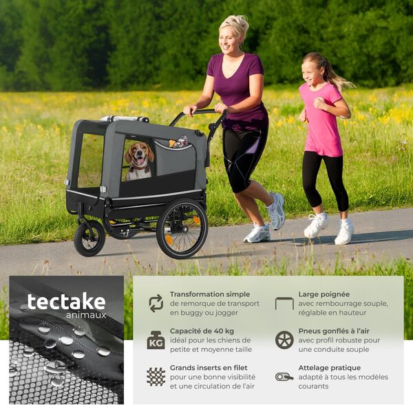 tectake® Remorque Velo Chien 3 en 1 Pliable avec Reflecteurs, Drapeau, Remorques Vélo pour Chiens Aussi comme Poussette Chien Animaux de Compagnie de Taille Moyenne Charge Maximale 40 kg