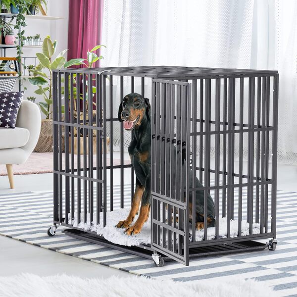 BingoPaw Cage Chien Interieur Solide: Caisse de Transport XXL sur Roulette Grand Chien Grande Taille - Cages Robuste Extérieur pour Gros Chiens en Métal avec 3 Porte et Plateau Amovible 117x96x84cm