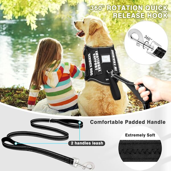 Ensemble harnais et laisse pour chien de service + 10 patchs, anti-traction et promenade facile avec poignée rembourrée douce pour le dressage/quotidien, convient aux chiens de petite, moyenne