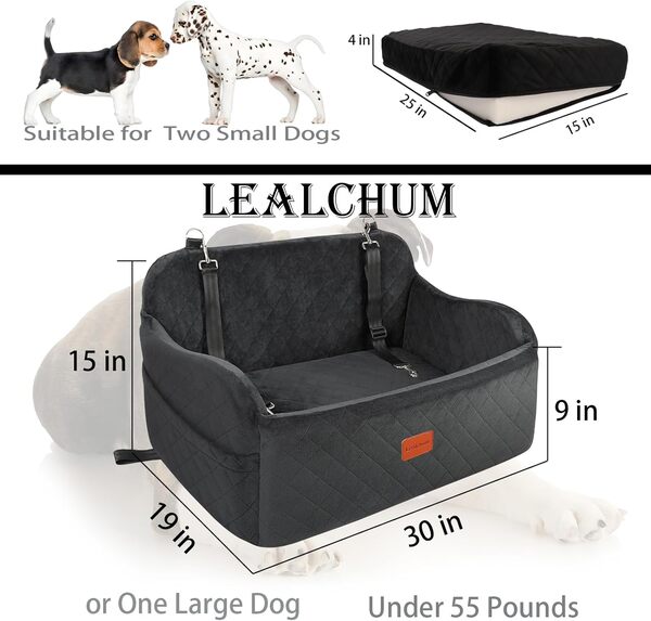 Grand siège de Voiture pour Chien, Coussin de Voiture en Mousse à mémoire de Forme pour 2 Petits Chiens, lit Confortable pour Chien avec Poche latérale et 3 laisses de sécurité à Clipser