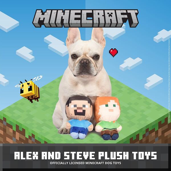 Minecraft for Pets Lot de 2 jouets couineurs en peluche Alex et Steve pour chiens | Produits sous licence officielle Mojang Studios | Cadeaux pour enfants qui aiment les jeux vidéo