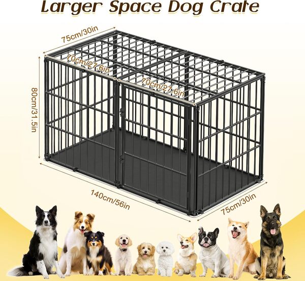 Pawaboo Cage pour Chien, 143,5 x 70 x 80 cm Caisse pour Chien avec Tapis Imperméable, Parc en Métal épais, Anti-morsures, Intérieur/Extérieur, avec Couvercle Sécurisé