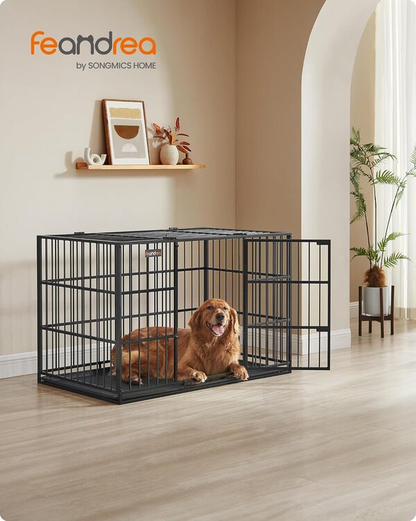 Feandrea Cage pour Chien Ultra-résistante, Caisse pour Animaux de Compagnie, 122 x 75 x 80 cm, pour Chiens Moyens et Grands, Niche avec Toit et Plateau Amovibles, Double Porte, Noir d'encre PPD006B01