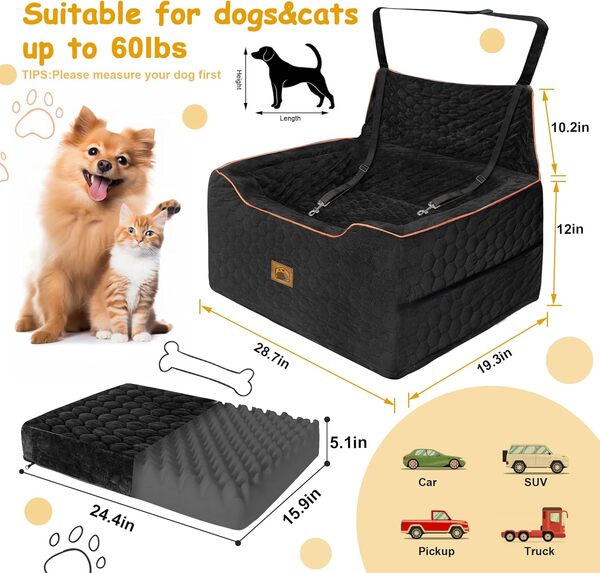 melafa365 Siège auto pour chien de taille moyenne, siège rehausseur lavable pour chiens de moins de 27,2 kg ou 2 petits chiens, siège de voiture multifonction pour animaux de compagnie avec coussin