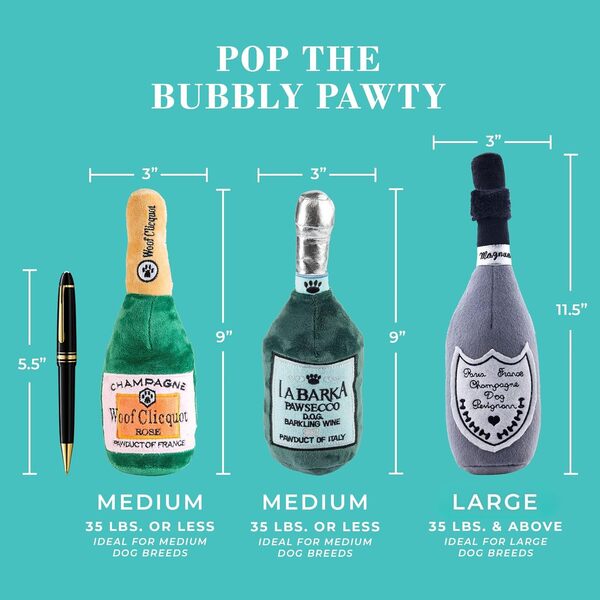 Haute Diggity Dog Pop The Bubbly Pawty Bundle, jouets en peluche pour chiens de petite, moyenne et grande taille, jouets en peluche durables inspirés du champagne avec couineur interactif, lavables en