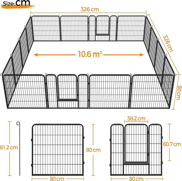 Yaheetech Parc pour Chien 16 Panneaux Cage pour Chien Interieur Enclos Chiens Chiots Lapins Exterieur avec Porte Métal 80 x 80 cm Noir
