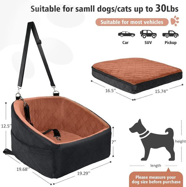 Siège auto pour chiens de petite et moyenne taille, siège rehausseur amovible lavable pour chien de moins de 13,6 kg, siège de voiture pour animaux de compagnie avec poches de rangement et