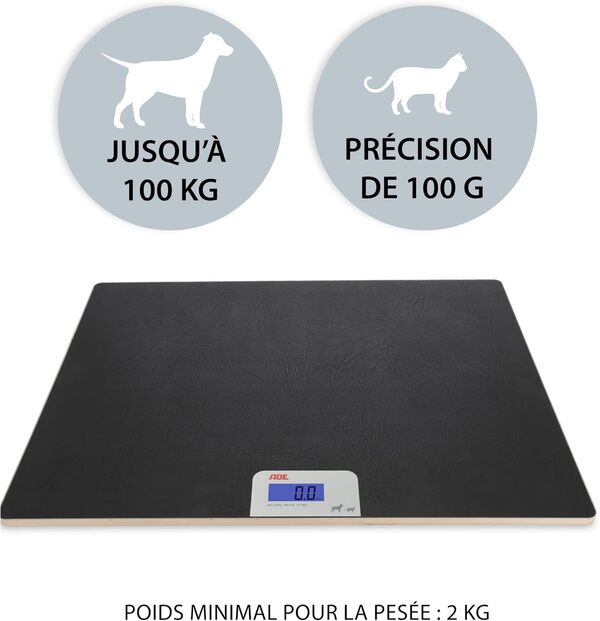 ADE Balance numérique pour animaux jusqu'à 100 kg | grande balance pour chiens XL | extra légère et plate | surface agréable pour les pattes | aussi pour chats et petits animaux