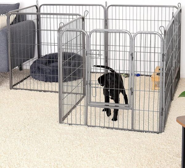 lionto Enclos pour Chiots et Petits Animaux en métal Robuste, 77x100 cm, Parc Extensible pour intérieur, barrière pour Chiens de Jardin avec Porte verrouillable, résistant aux intempéries, 8 éléments