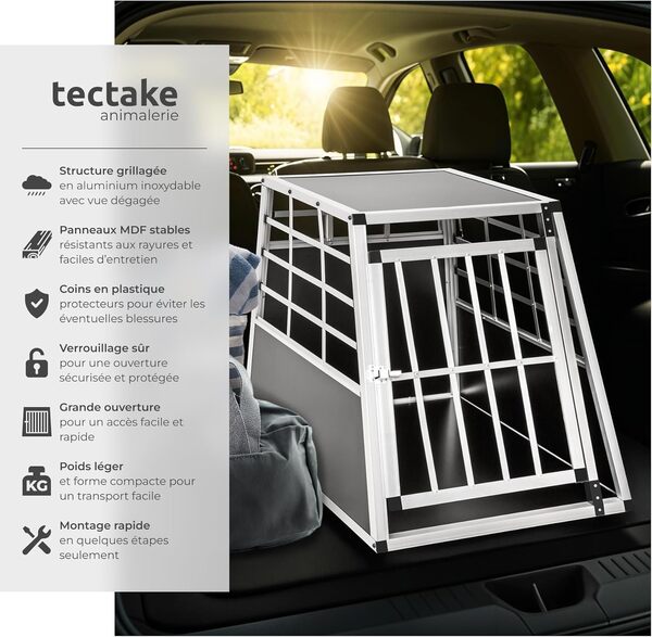tectake® Caisse de Transport pour Chien légère & Solide Simple Cage de Transport Chien pour Transport Animaux Voiture, Maison ou Jardin Cage pour Grand Chiens - 65 x 90 x 69,5cm