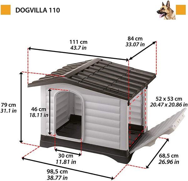 Ferplast Niche pour Chien DOGVILLA 110, Niche Chien Extérieur, Côté Ouverture, Fond Drainant, Base Isolante, Toit Amovible, Grille de Ventilation, Plastique Recyclé, 111x 84 x h 79cm
