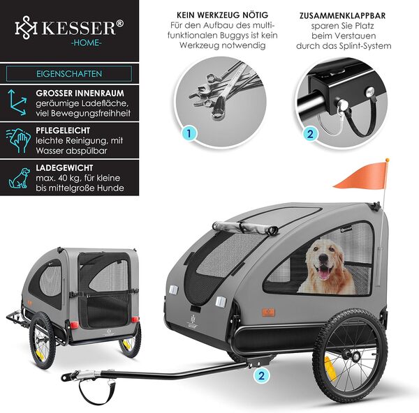 KESSER® Chariot pour Chien 2-en-1 Remorque pour Chien, Poussette pour Chien Remorque pour vélo Grand Volume env. 250 l - INCL. Drapeau et Sac - 600D Oxford Canvas, Pliable Concept, Gris Noir