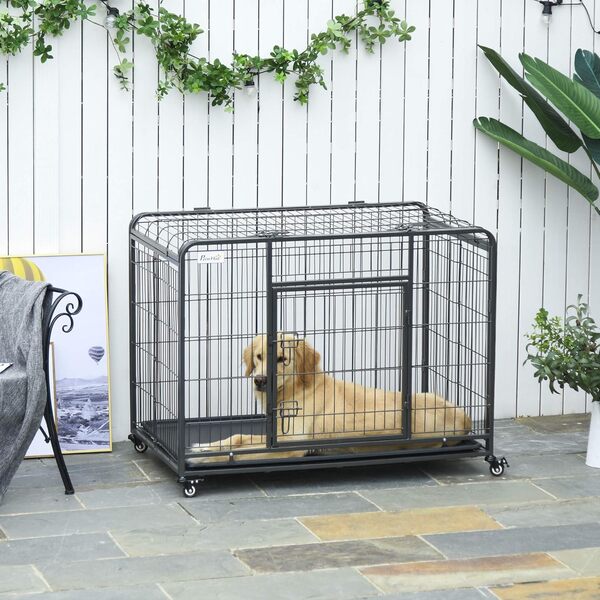 PawHut Cage pour Chien Pliable Cage de Transport sur roulettes 2 Portes verrouillables Plateau Amovible dim. 109,5L x 71l x 78H cm métal Gris foncé