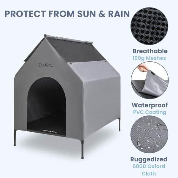Grande niche pour chien de 91,4 cm pour intérieur ou extérieur, abri d'extérieur en PVC 600D résistant aux intempéries avec lit surélevé respirant en textilène 2 x 1, facile à nettoyer