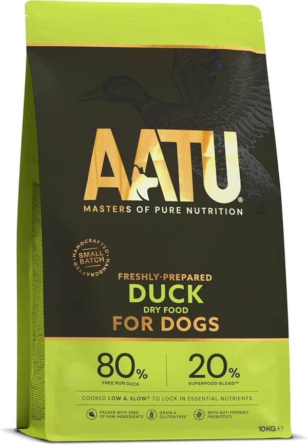AATU Croquettes pour chiens AATU 80/20, canard, riche en protéines, recette sans céréales, sans ingrédients artificiels, 10 kg