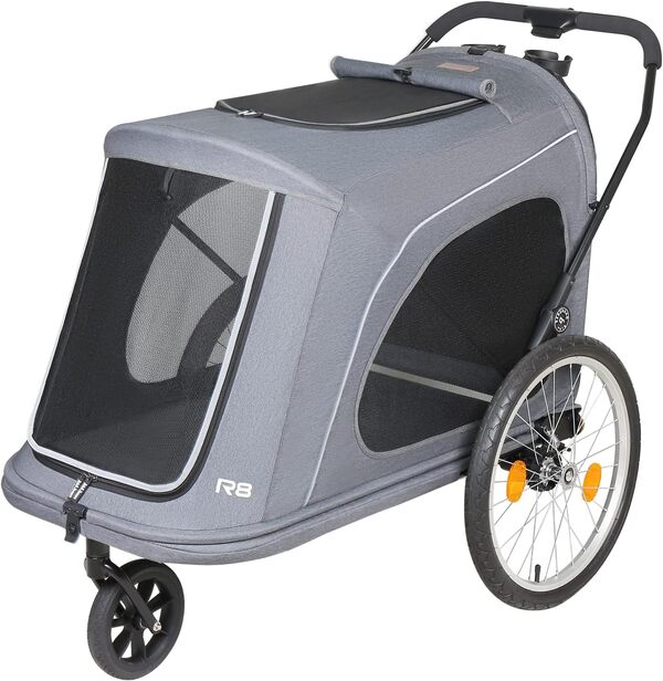 Beberoad 2 en 1 Remorque pour vélo & Poussette pour Chien, Capacité 45 kg, Facile à Plier pour Ranger et Voyager, Poussette pour Chiens de Taille Moyenne à Grande, Gris,75×127×97CM