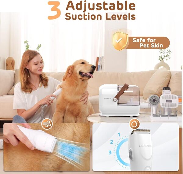 Kit de toilettage pour chien - Aspirateur de 3 L avec 7 outils, tondeuse électrique à faible bruit et brosse pour la perte de poils d'animaux à la maison, blanc