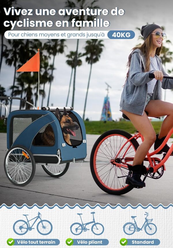 SEPNINE Remorques Vélo pour Chiens XL, Remorque 2 en 1 Pliable avec Parking Brake, Remorque pour Vélo De Jogging, Convient Aux Chiens De Grande Taille, Charge Maximale 40 Kg, Bleu