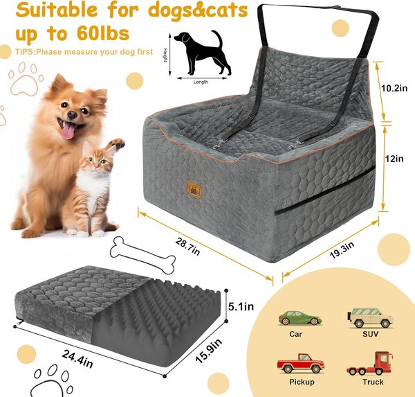 melafa365 Siège auto pour chien de taille moyenne, siège rehausseur lavable pour chiens de moins de 27,2 kg ou 2 petits chiens, siège auto multifonction pour animaux de compagnie avec coussin épais, 2