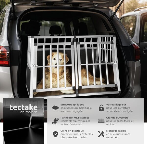 tectake® Caisse de Transport pour Chien légère & Solide Cage de Transport Chien Double pour Transport Chiens Voiture, Maison ou Jardin Cage pour Max. 2 Chiens - 104 x 90,5 x 69 cm