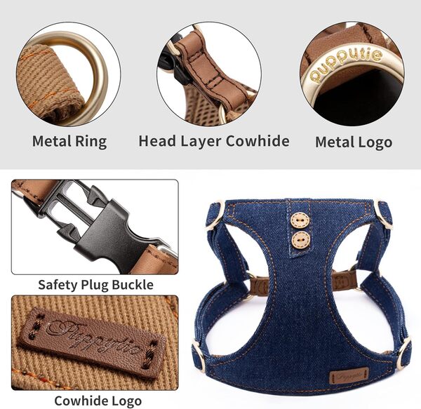 Harnais anti-traction pour chien avec laisse multifonction, doux, réglable, anti-étranglement, anti-fuite, pour chiens de taille moyenne ou grande taille, bleu denim, taille L
