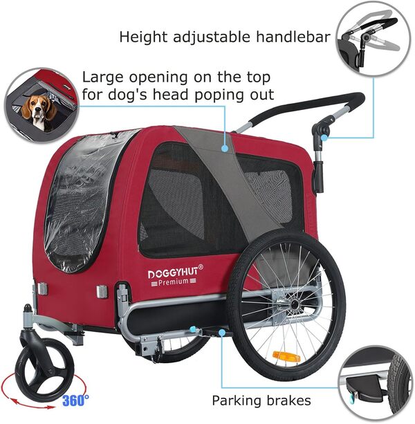 Doggyhut Premium L Remorque de Velo 2 en 1 Grande Poussette remorque Velo pour Chien de Taille Moyenne et Grande Chiens Maximum 35 kg