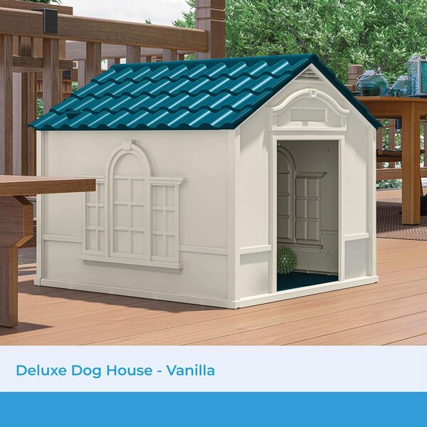 Suncast Niche Deluxe pour Chiens jusqu'à 45,4 kg avec Toit Amovible, aérations, Sol canalisé couronné et étiquettes de Personnalisation, Taupe/Bleu