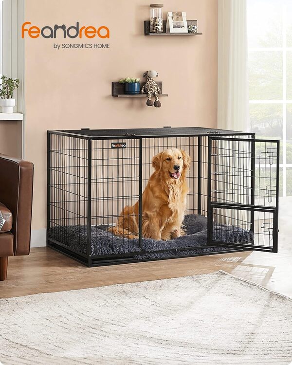 Feandrea Cage pour Chien Lourd, 122 x 74,5 x 80,5 cm, pour Chiens Moyens et Grands, Double Porte Amovible, Nettoyage Facile, XXL, Noir PPD003B01