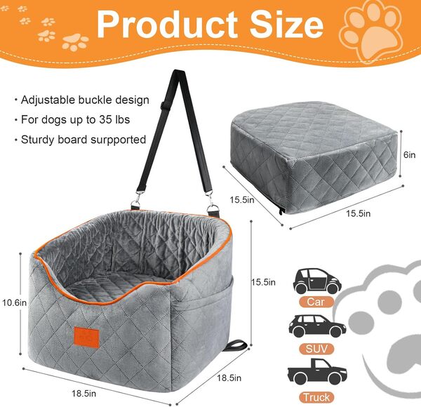 Siège auto pour chiens de petite et moyenne taille, siège rehausseur en mousse à mémoire de forme pour chiens jusqu'à 15,9 kg, siège de voiture surélevé pour animal domestique, siège de