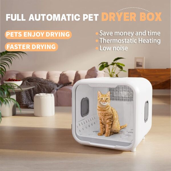 PETJC Sèche-Cheveux Automatique pour Chat et Petits Chiens, 71L Grande Capacité, Contrôle Intelligent de la Température,boîte de séchage de cheveux d'animaux de compagnie ultra silencieux 360 séchage