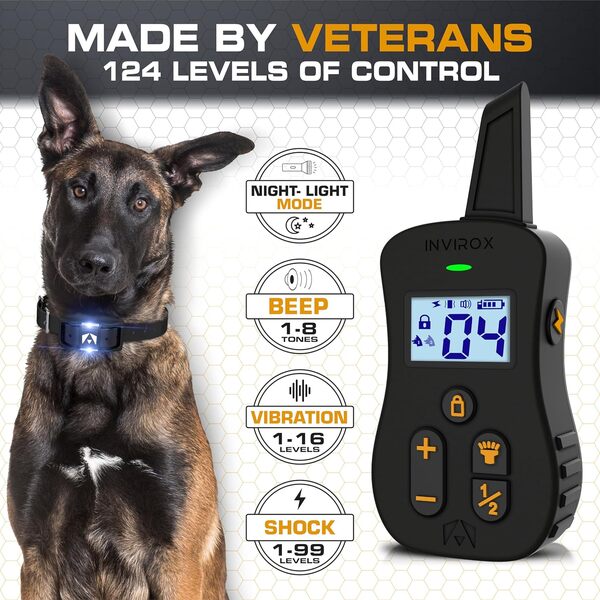 INVIROX Ultra K9 Collier de dressage pour chien 124 niveaux de dressage, 4 modes puissants avec veilleuse et portée de 3,5 km, collier de dressage pour chiens de grande taille, étanche IP67 (noir)