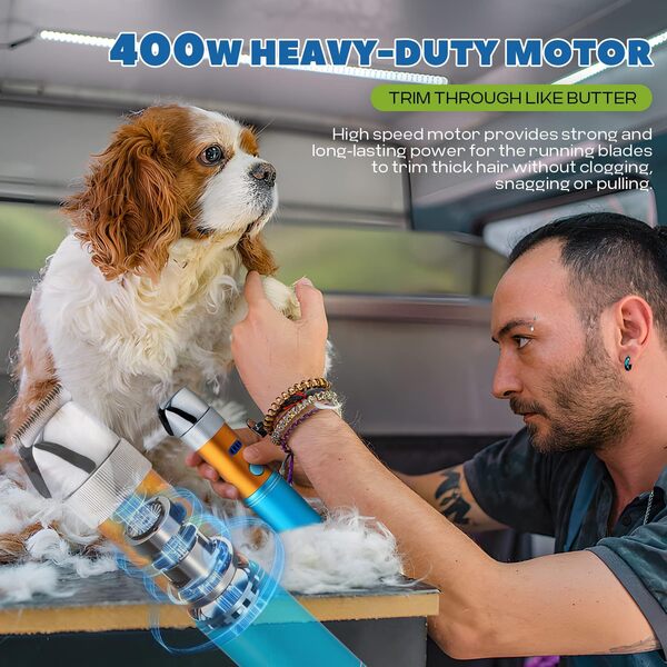 Tondeuse pour chien sans fil 400 W avec batterie rechargeable 5h en veille, faible bruit 50 dB, kit de rasoir robuste pour poils d'animaux, avec 2 lames tranchantes et amovibles de 3 mm et 6