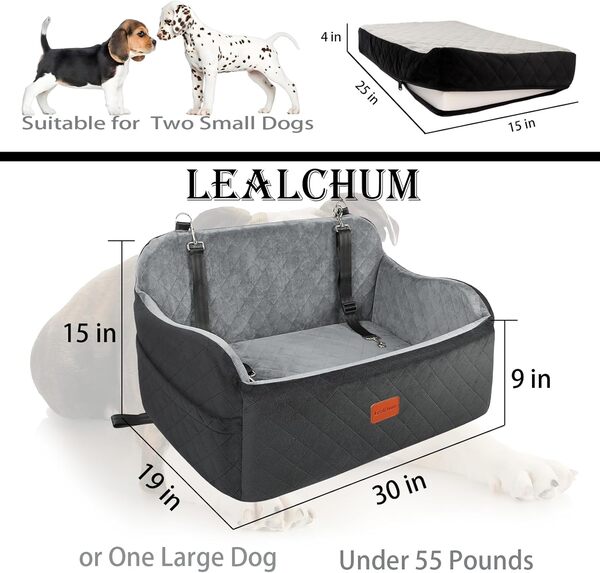 Siège de Voiture pour Chien jusqu'à 25 kg, 2 laisses réglables à Clipser pour 2 Petits Chiens, siège de Voiture entièrement Amovible et Lavable avec 2 Poches de Rangement, Facile à Installer