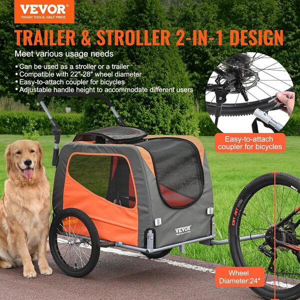 VEVOR Remorque de vélo pour chien, supporte jusqu'à 66/88/45,4 kg, 2 en 1 pour poussette pour animal domestique, cadre de chariot pliable facile avec roues à dégagement rapide, coupleur de vélo