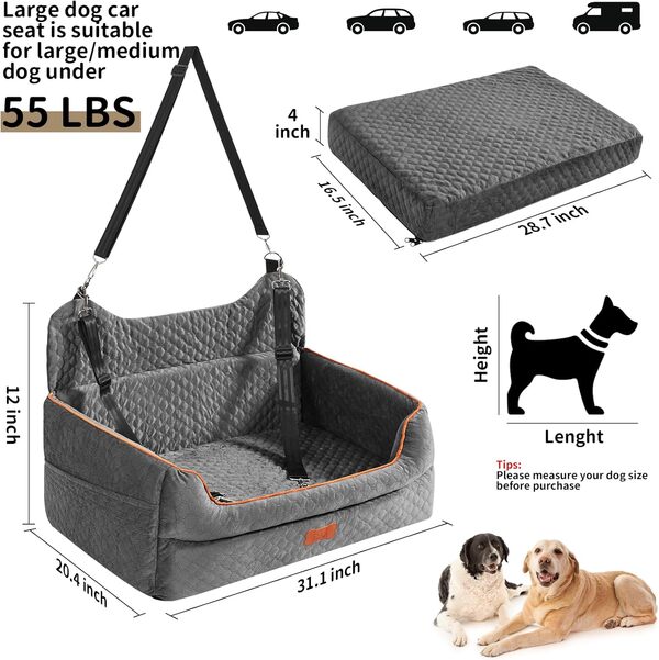 Siège d'auto pour chien de taille grande/moyenne – Siège rehausseur en mousse à mémoire de forme pour chiens de moins de 25 kg ou 2 petits chiens – Lit de voyage amovible et lavable avec coussin épais