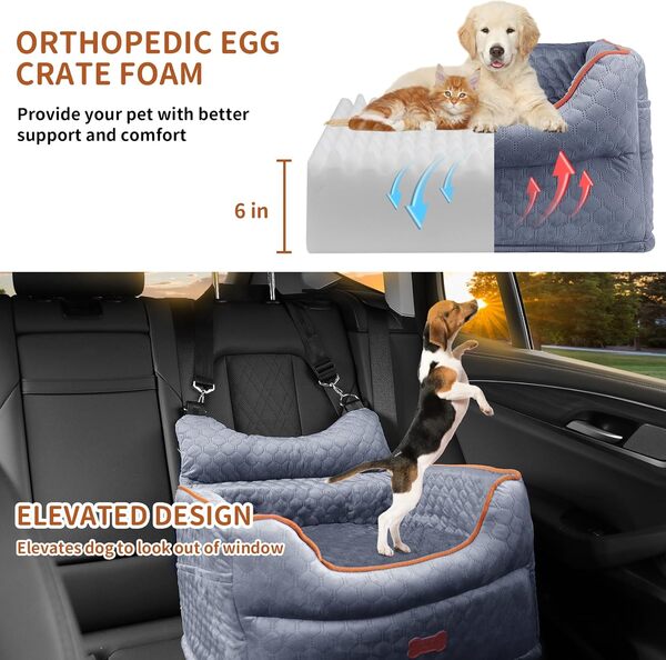 Siège d'auto pour chien – Siège rehausseur en mousse à mémoire de forme pour petits chiens jusqu'à 11,3 kg – Siège d'auto surélevé avec poches de rangement et ceinture de sécurité pour chien – Lit de