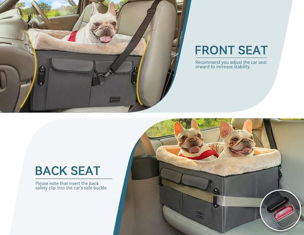 Petsfit Siège de voiture pour chiens de taille moyenne ou 2 petits chiens, siège rehausseur amélioré pour sièges avant et arrière avec 2 laisses de sécurité (taille M, gris foncé)