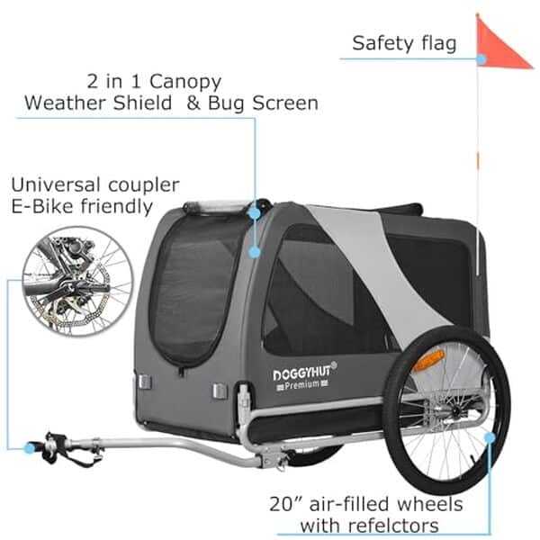 Découvrez notre analyse de la remorque vélo pour chien Doggyhut Premium XL (gris) : confort, sécurité et performances au rendez-vous pour vos balades avec votre fidèle compagnon.